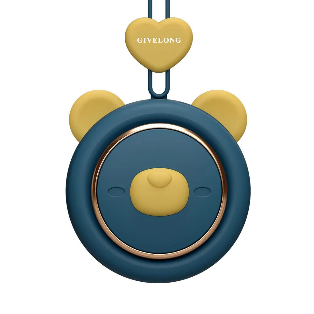 Mini bladeless neck band fan with hanging rope, shown in blue colour variant.