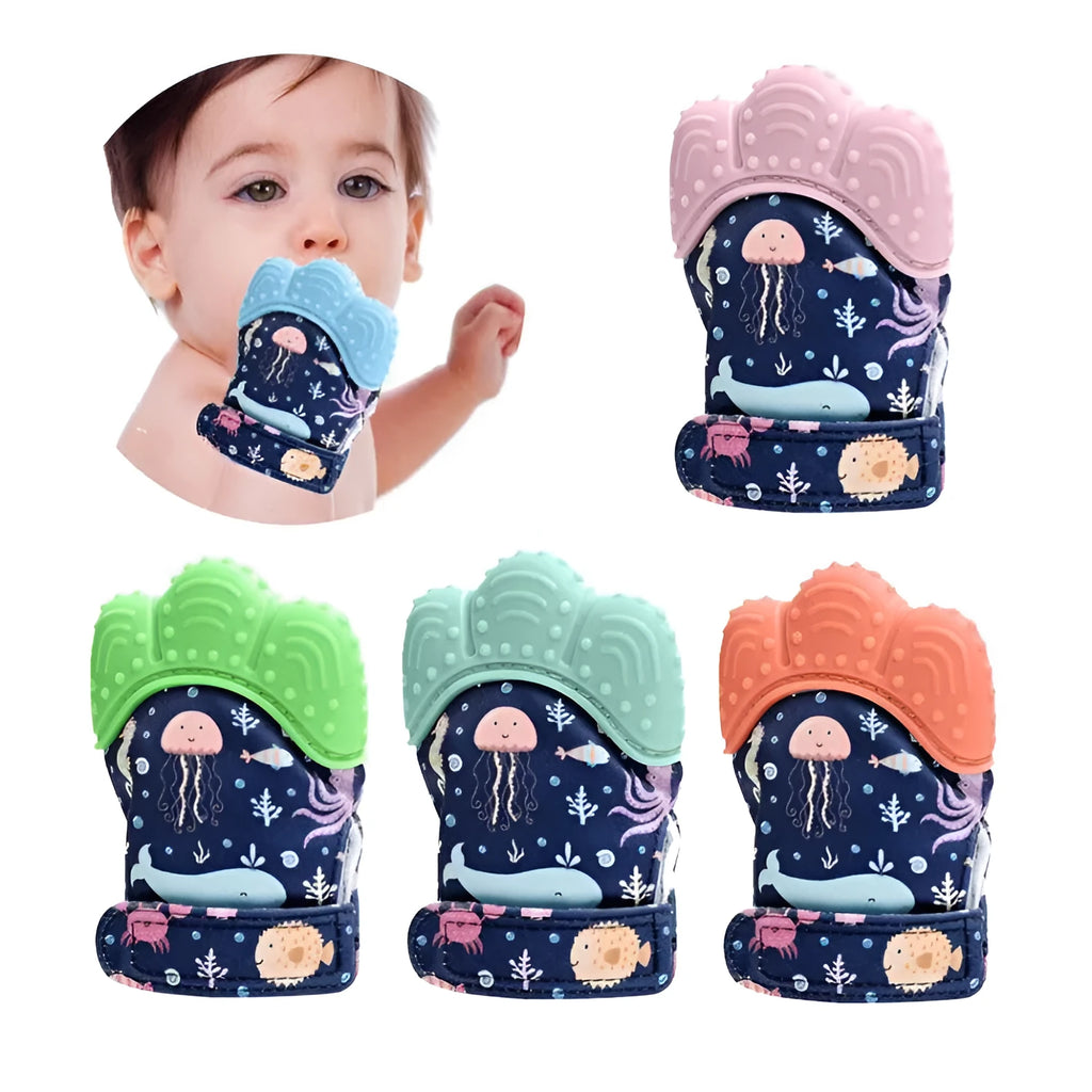 Baby teether glove in silicone with convex bumps, available in five colours, 10x7cm