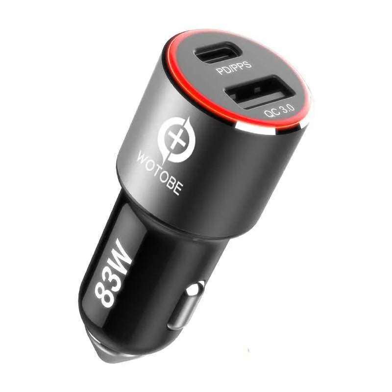 A dual-port 83W fast car charger for laptops and smartphones, shown with optional USB-C or Apple MFI charging cables.
