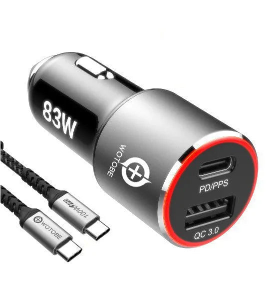 A dual-port 83W fast car charger for laptops and smartphones, shown with optional USB-C or Apple MFI charging cables.