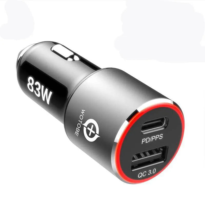 A dual-port 83W fast car charger for laptops and smartphones, shown with optional USB-C or Apple MFI charging cables.