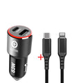 A dual-port 83W fast car charger for laptops and smartphones, shown with optional USB-C or Apple MFI charging cables.