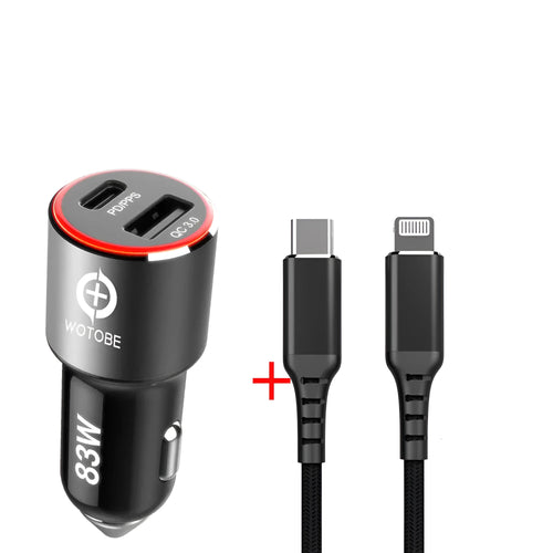 A dual-port 83W fast car charger for laptops and smartphones, shown with optional USB-C or Apple MFI charging cables.