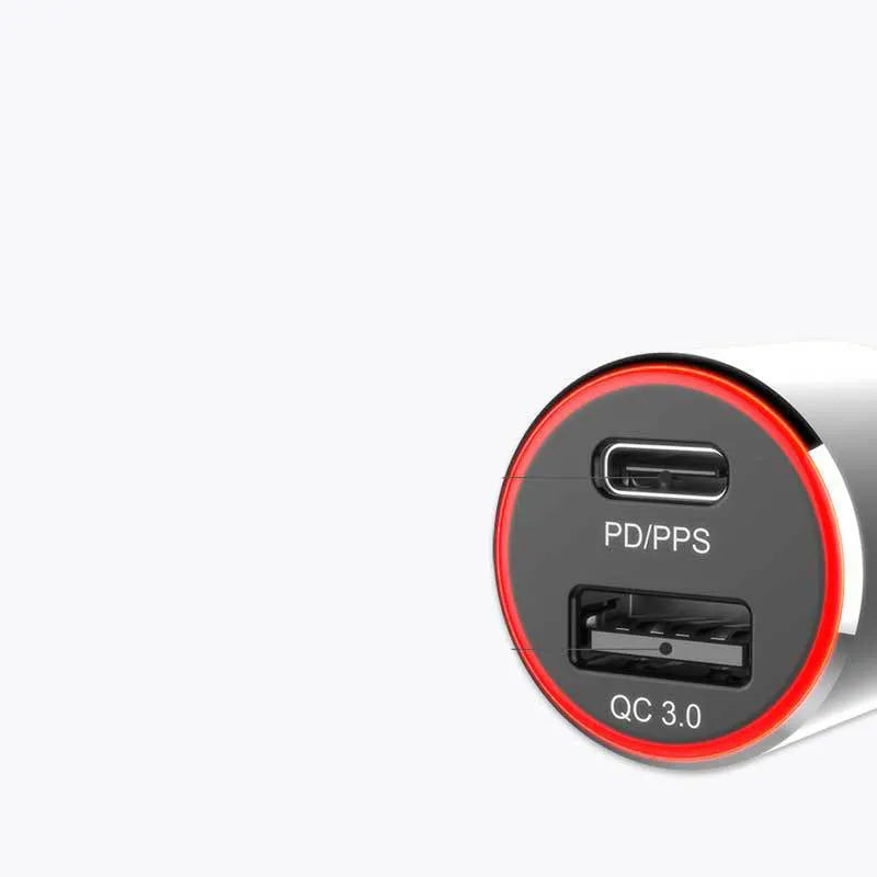 A dual-port 83W fast car charger for laptops and smartphones, shown with optional USB-C or Apple MFI charging cables.