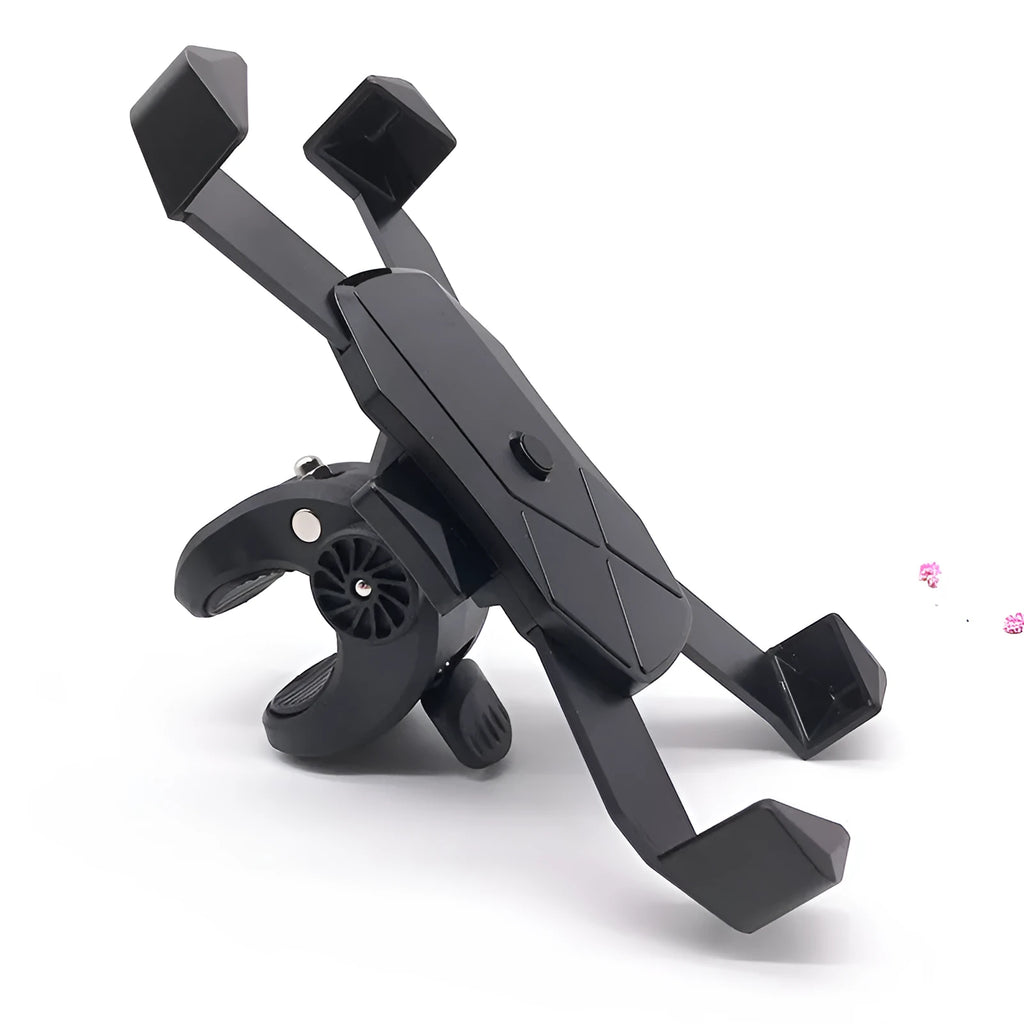 Black anti-fall telescopic bicycle phone bracket mounted on handlebar with four-claw grip