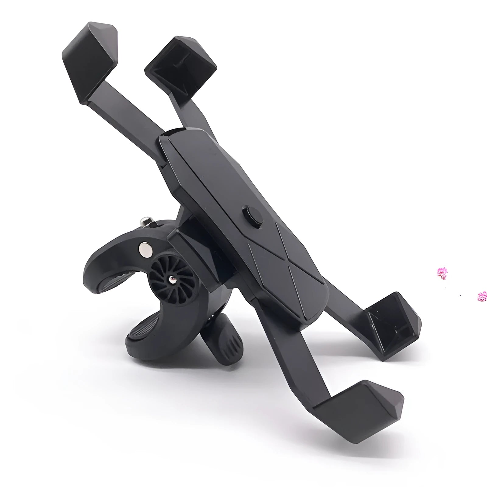 Black anti-fall telescopic bicycle phone bracket mounted on handlebar with four-claw grip