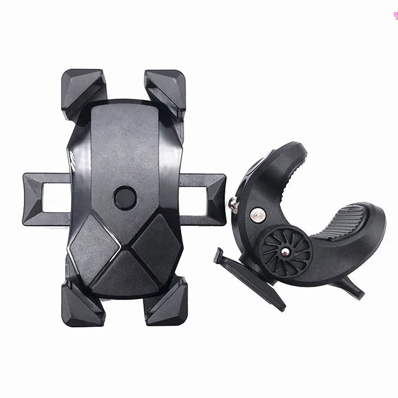 Black anti-fall telescopic bicycle phone bracket mounted on handlebar with four-claw grip