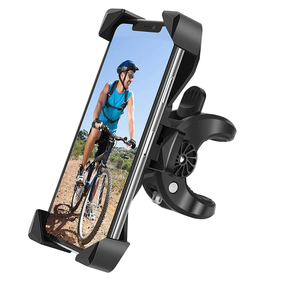 Black anti-fall telescopic bicycle phone bracket mounted on handlebar with four-claw grip