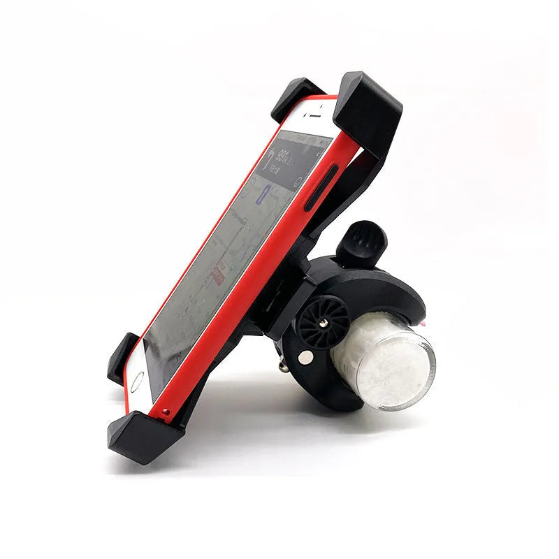 Black anti-fall telescopic bicycle phone bracket mounted on handlebar with four-claw grip