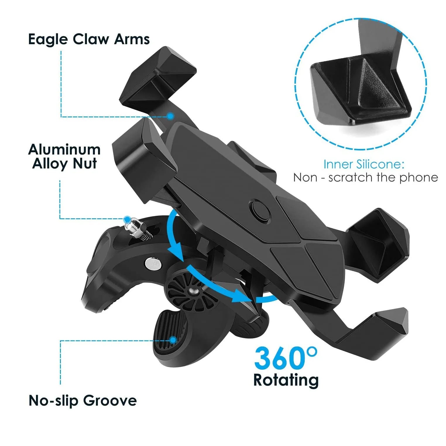 Black anti-fall telescopic bicycle phone bracket mounted on handlebar with four-claw grip