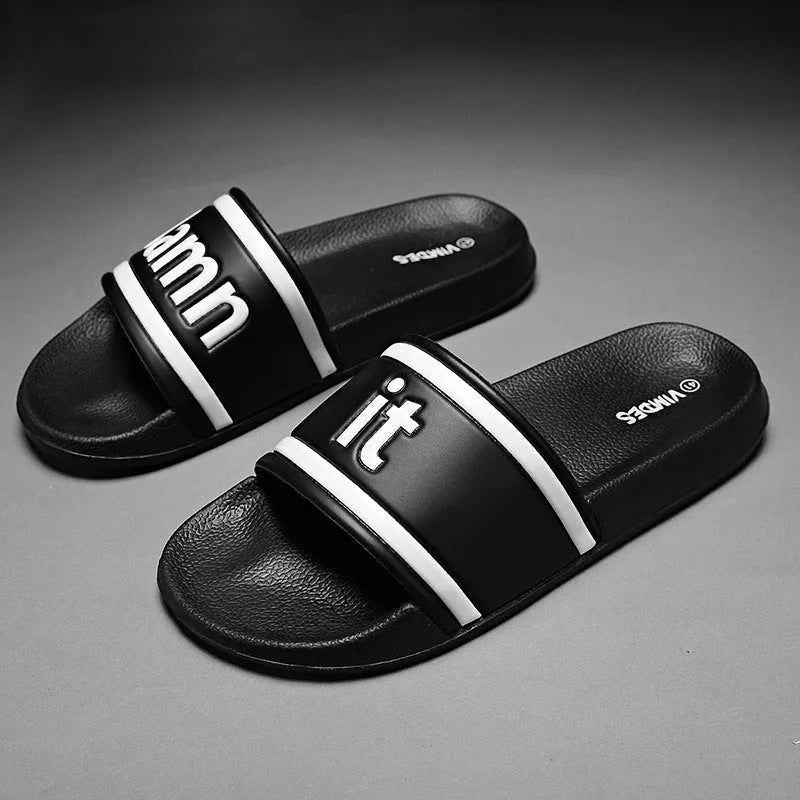 Men's large size black flip-flop slippers with PVC upper and sole, breathable design for outdoor beach use