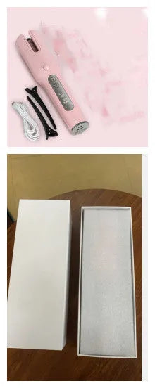 Wireless automatic hair curler with LCD screen, ceramic heating, and USB charging, in pink colour, with storage bag and clips