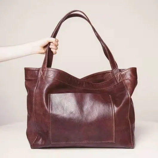 Large capacity oil wax PU tote bag for women in retro style, 40x13x32cm, brown colour