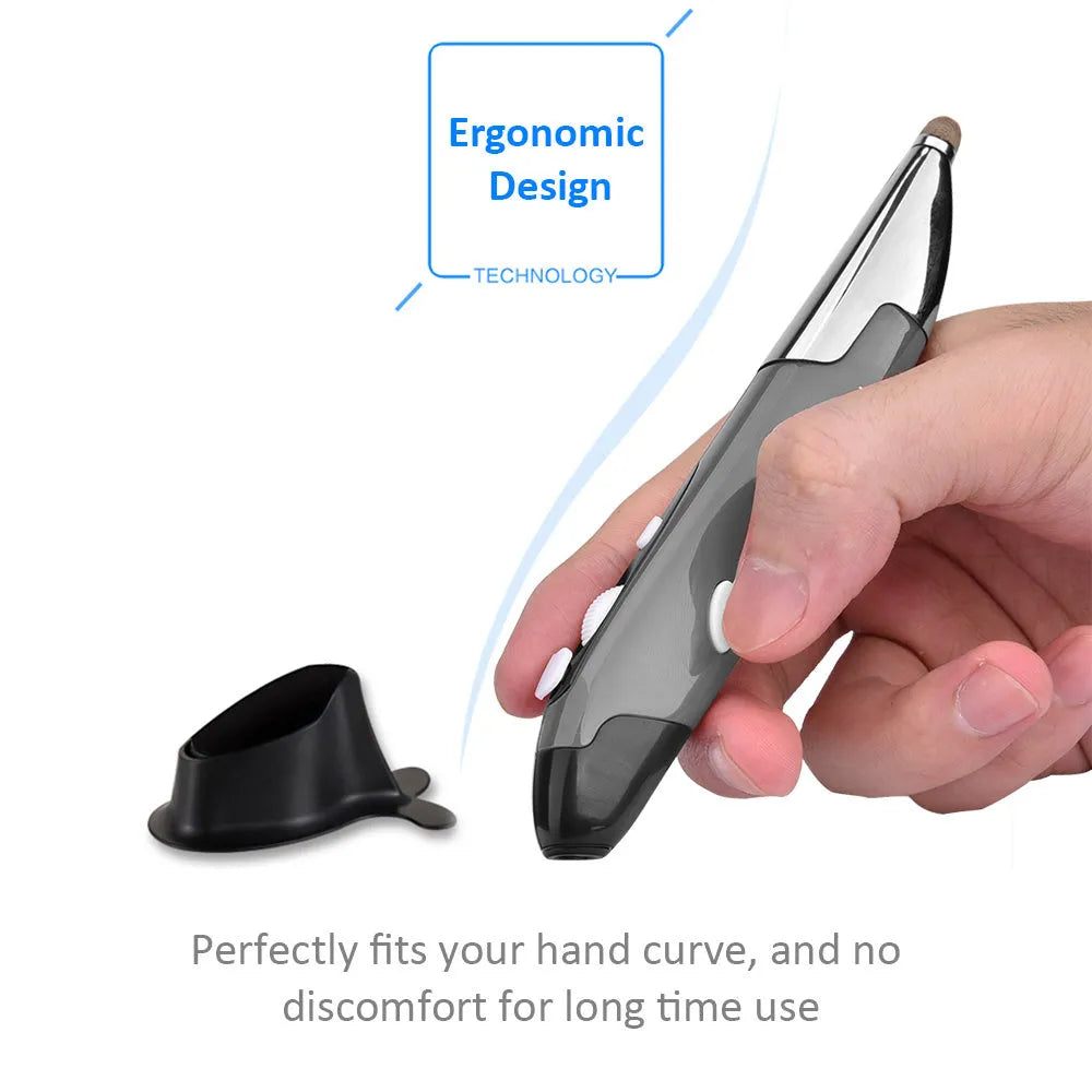 Pen-shaped wireless optical mouse with 1600 DPI in red, blue, and grey colour options