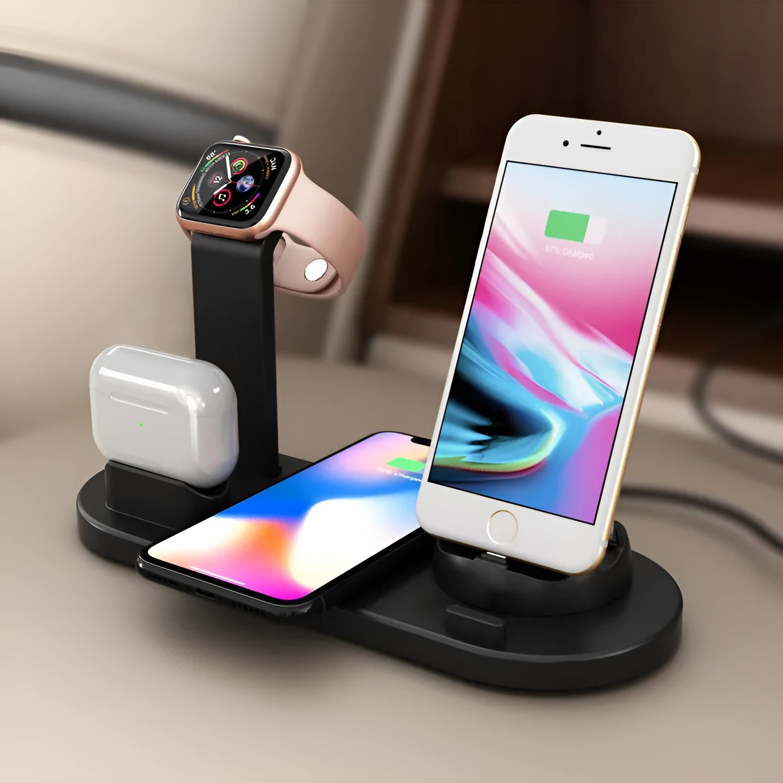 Black three-in-one wireless charging bracket holding an Apple Watch, AirPods case, and a mobile phone.