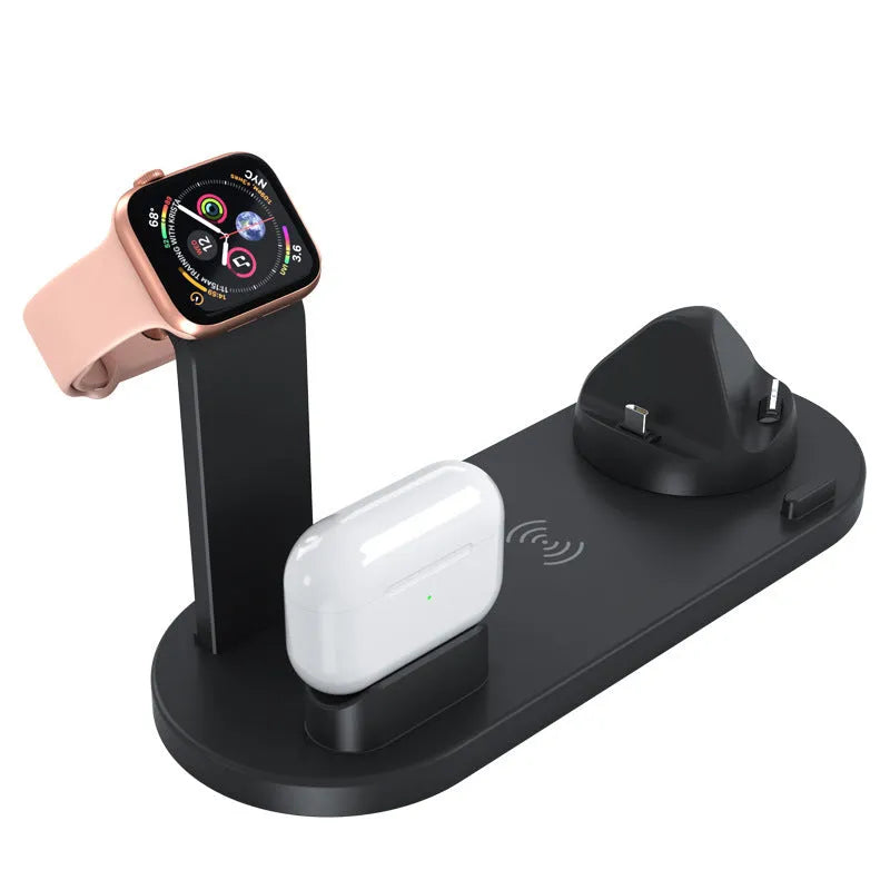 Black three-in-one wireless charging bracket holding an Apple Watch, AirPods case, and a mobile phone.