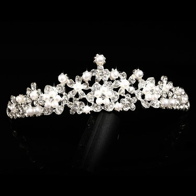 Silver alloy bridal crown with diamond-encrusted detailing, semicircle shape, 40cm size