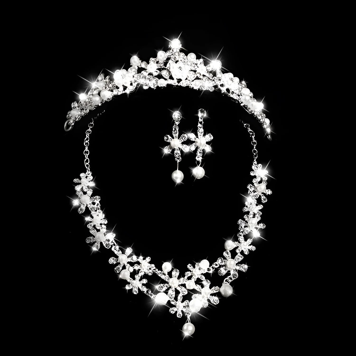 Silver alloy bridal crown with diamond-encrusted detailing, semicircle shape, 40cm size