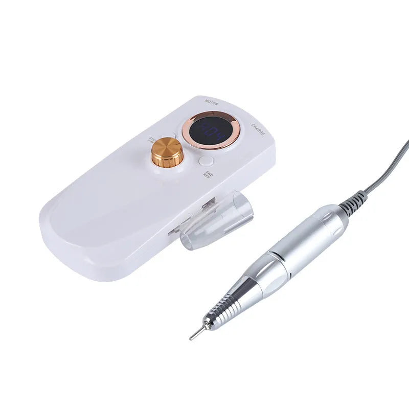 White rechargeable nail polisher with acrylic body, low noise control buttons, and EU plug for portable at-home nail grooming