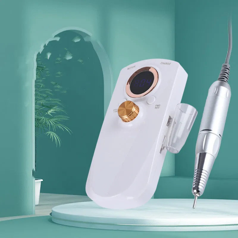 White rechargeable nail polisher with acrylic body, low noise control buttons, and EU plug for portable at-home nail grooming