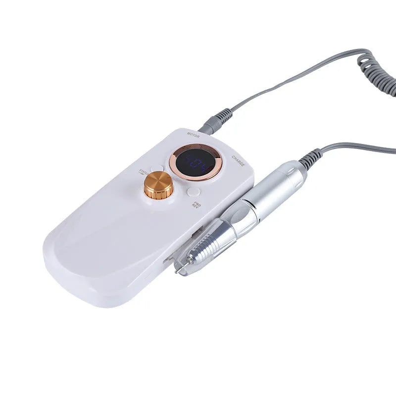 White rechargeable nail polisher with acrylic body, low noise control buttons, and EU plug for portable at-home nail grooming