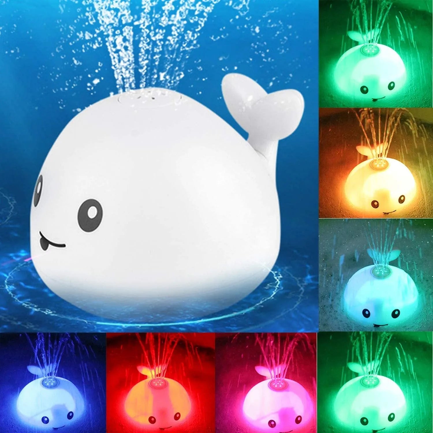 Blue and white whale bath toy with water spray and flashing lights for baby sensory play