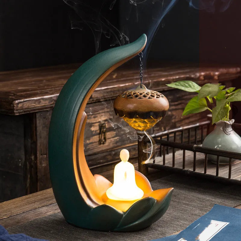 Ceramic backflow aroma diffuser decoration Buddha statue with manual pottery finish and luminous glow