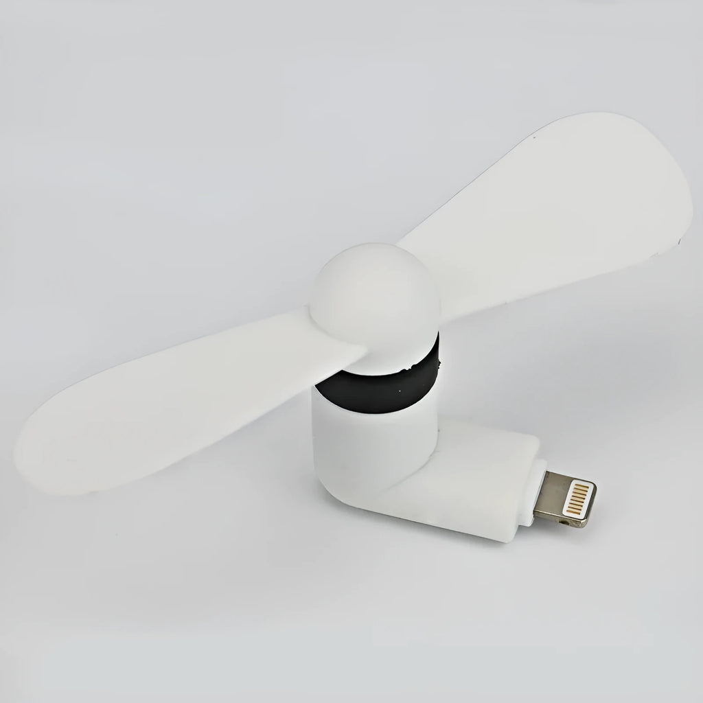 Portable mobile phone mini fan with plastic blades in various colours attached to smartphone
