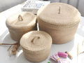 Japanese style linen fabric storage basket with lid in three sizes for bedroom organisation