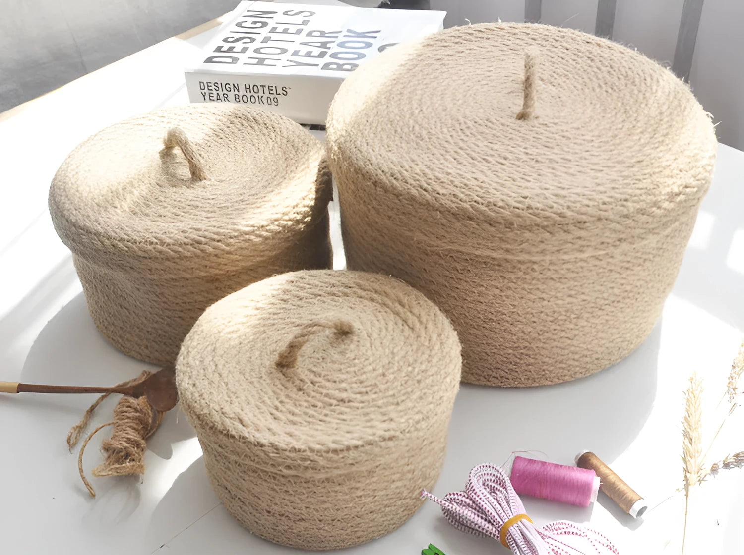 Japanese style linen fabric storage basket with lid in three sizes for bedroom organisation