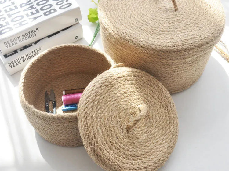 Japanese style linen fabric storage basket with lid in three sizes for bedroom organisation