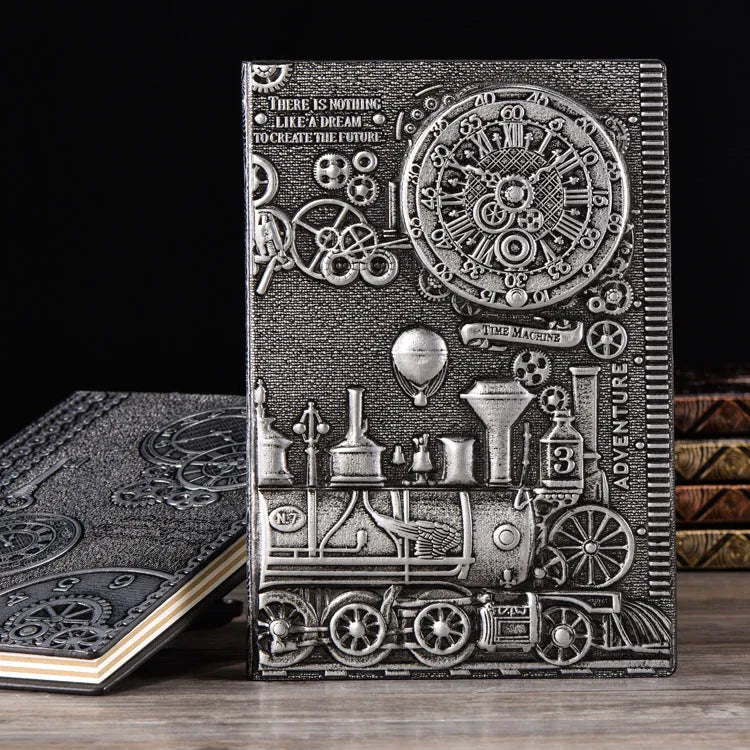 European relief embossed leather cover notepad diary in green bronze, red bronze, or silver.
