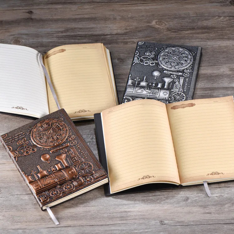 European relief embossed leather cover notepad diary in green bronze, red bronze, or silver.