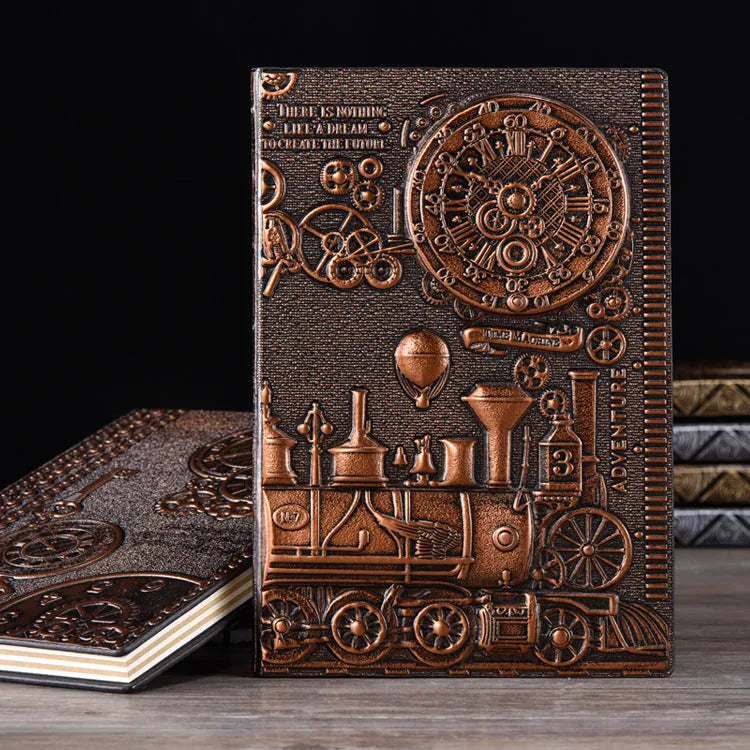 European relief embossed leather cover notepad diary in green bronze, red bronze, or silver.