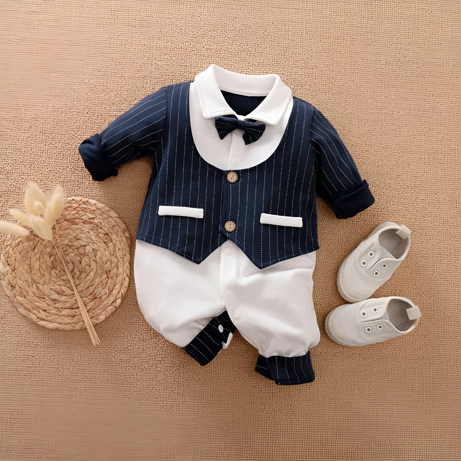 Baby boy in a long-sleeved cotton gentleman-style romper jumpsuit for spring and autumn.
