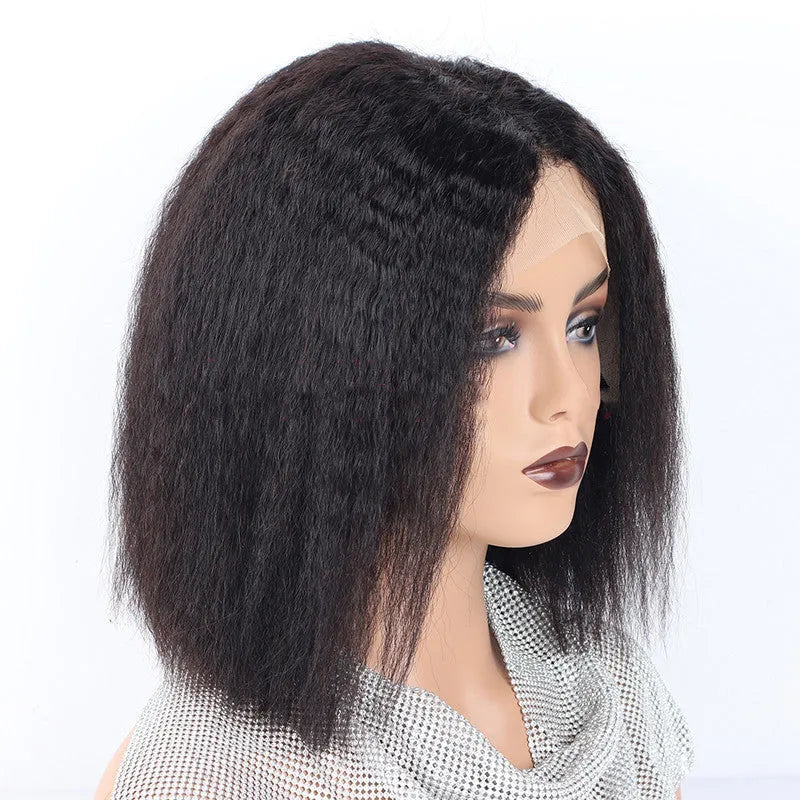 Kinky straight front human hair wig Bobo lace wig real hair long 14 inch slanted bangs