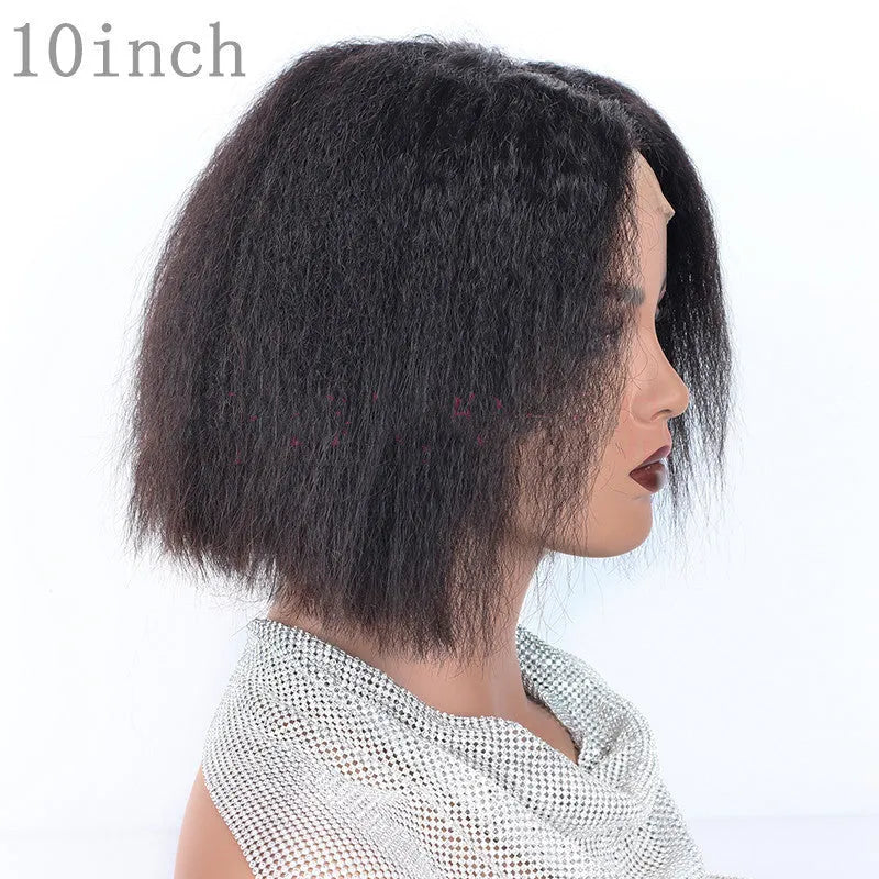 Kinky straight front human hair wig Bobo lace wig real hair long 14 inch slanted bangs