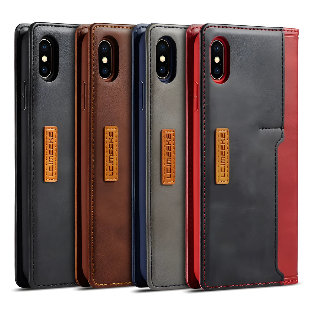 Retro brown leather flip wallet case for iPhone with visible card slots, shown open and closed.