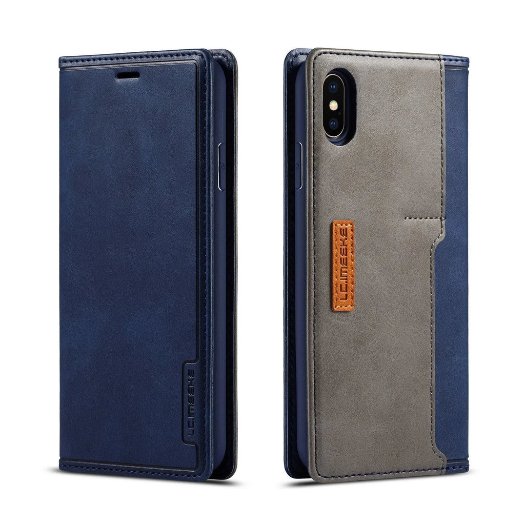 Retro brown leather flip wallet case for iPhone with visible card slots, shown open and closed.