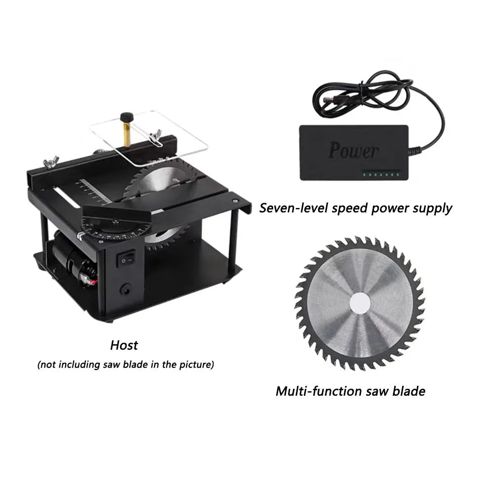 Black miniature electric table saw with a sliding cutting table and a 110mm circular blade.
