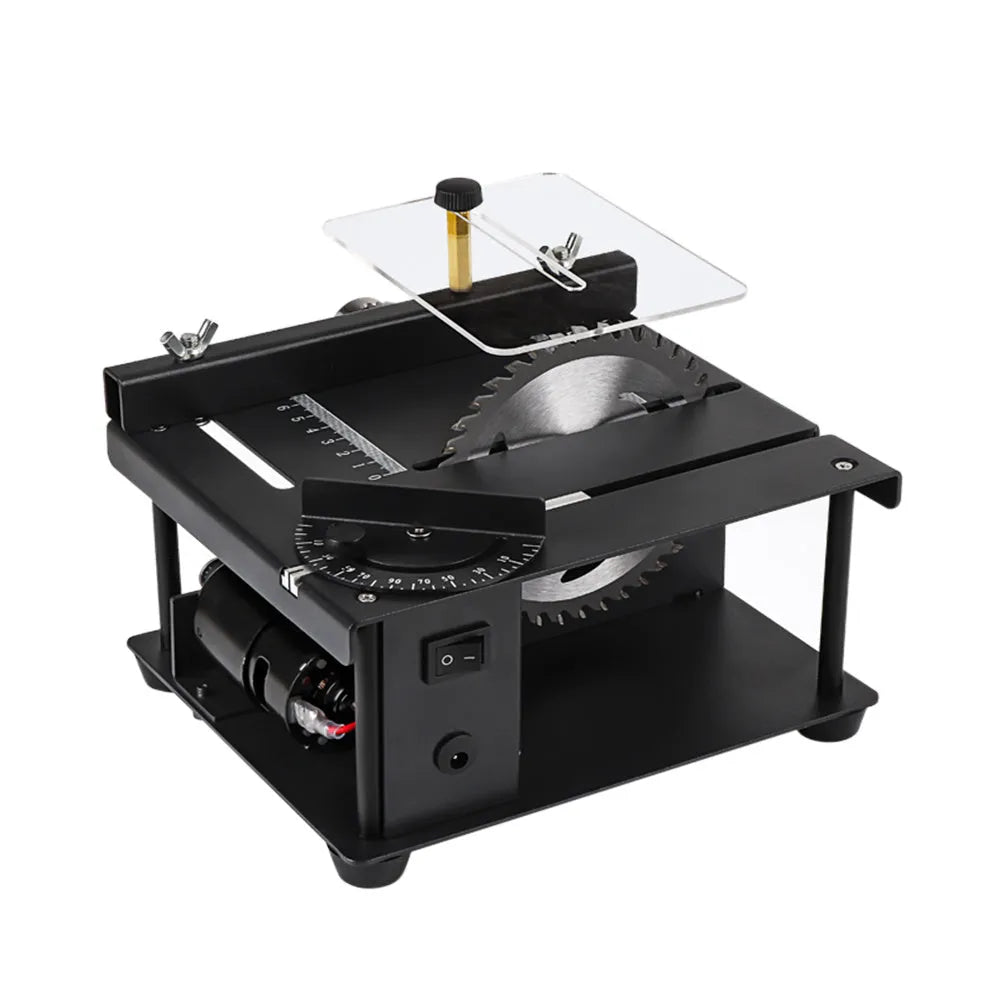 Black miniature electric table saw with a sliding cutting table and a 110mm circular blade.