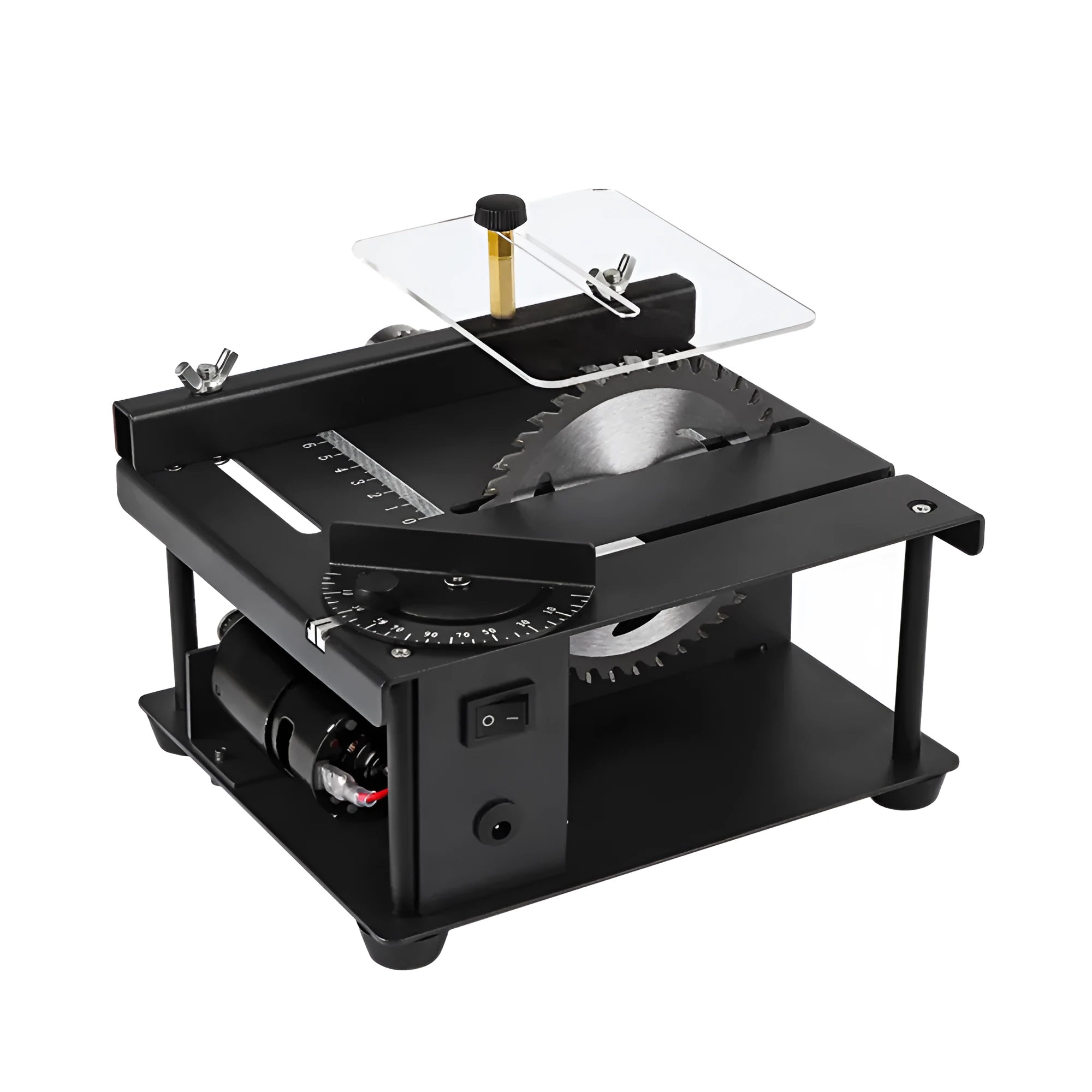 Black miniature electric table saw with a sliding cutting table and a 110mm circular blade.