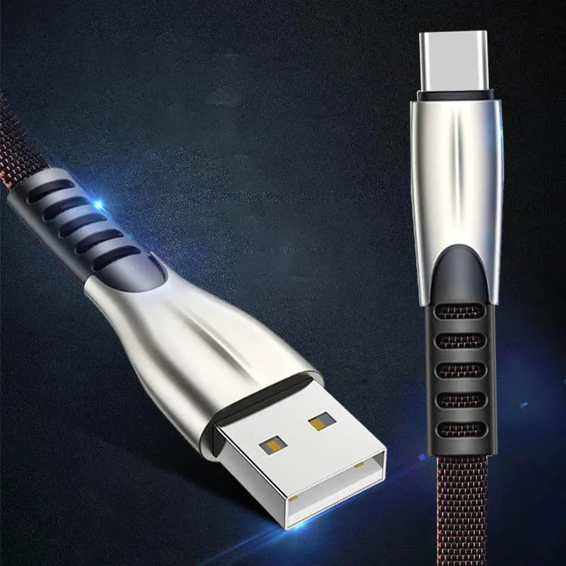 Fast charging cable with flashing indicator, 1m length, Micro USB or Type-C connector, in black blue red colours