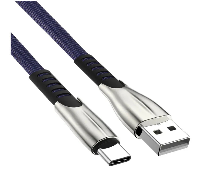 Fast charging cable with flashing indicator, 1m length, Micro USB or Type-C connector, in black blue red colours