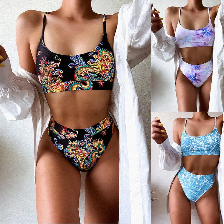 Nylon split print bikini swimsuit for ladies in black dragon colour for swimming and wading