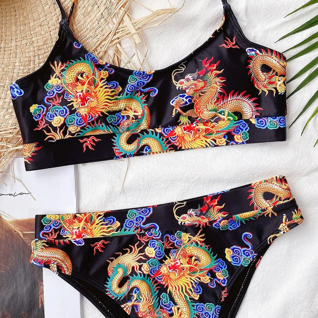 Nylon split print bikini swimsuit for ladies in black dragon colour for swimming and wading