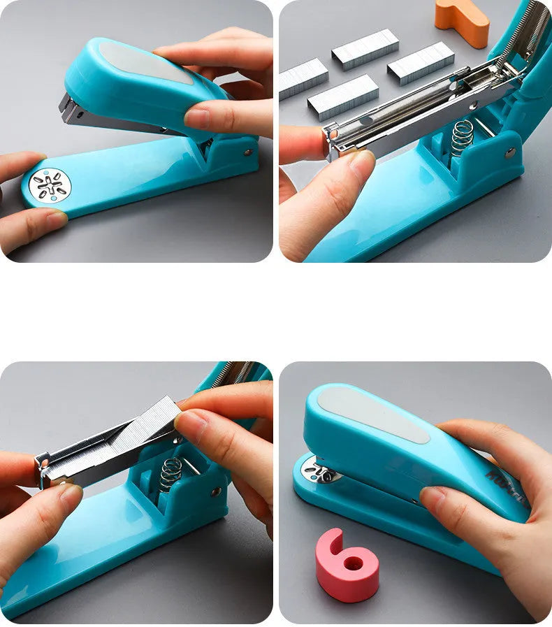 Rotating student stapler in multiple colours showing 360-degree head and centre binding function.