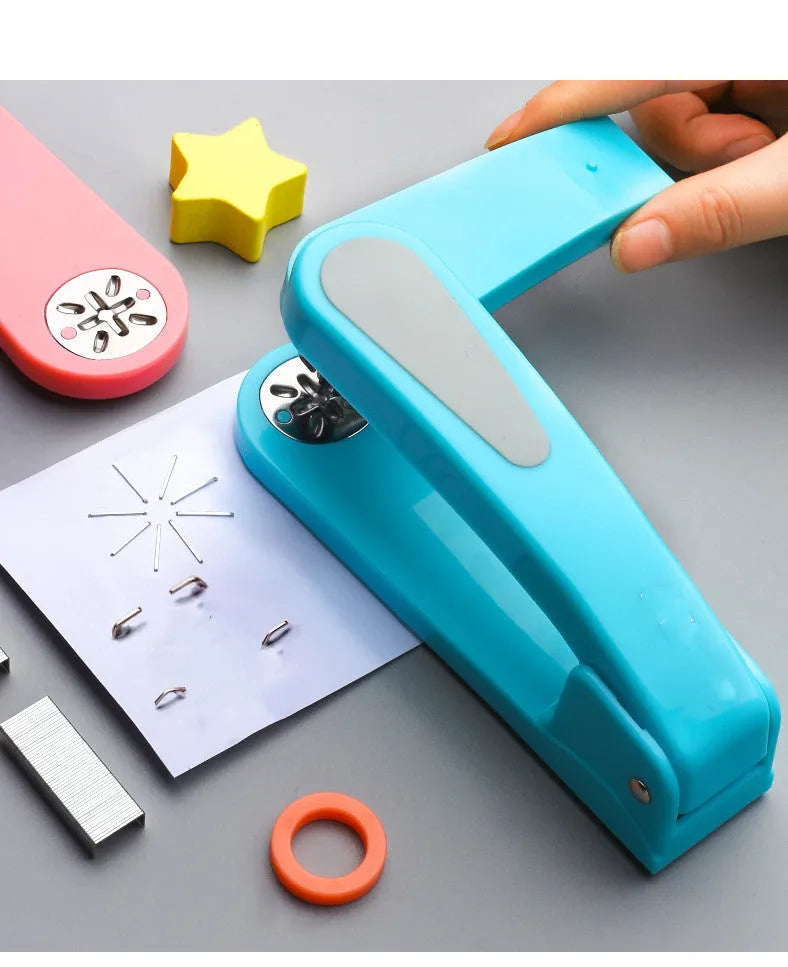 Rotating student stapler in multiple colours showing 360-degree head and centre binding function.