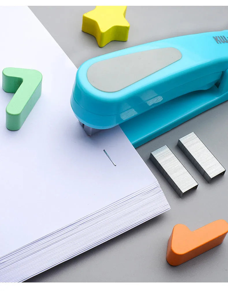 Rotating student stapler in multiple colours showing 360-degree head and centre binding function.