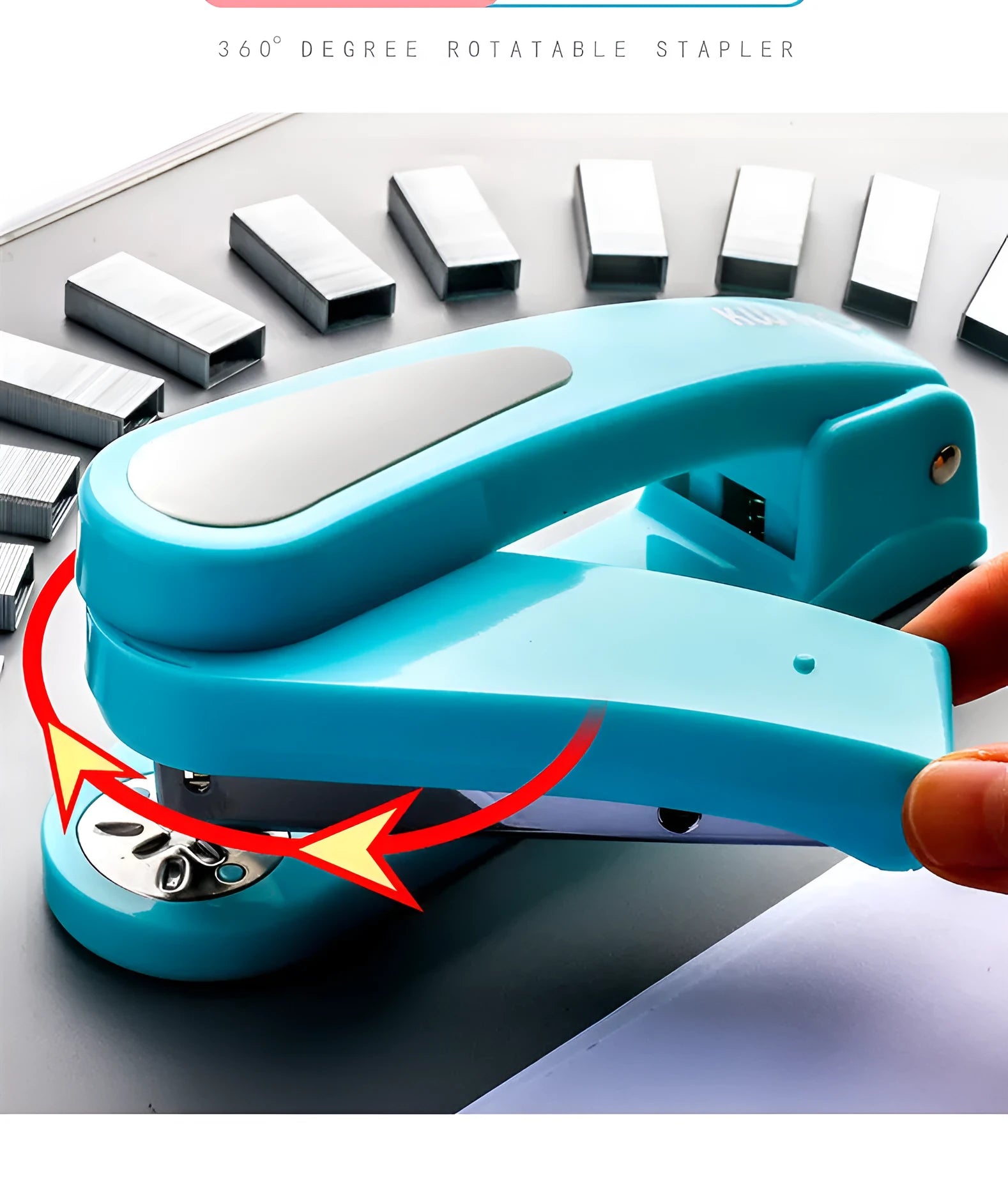 Rotating student stapler in multiple colours showing 360-degree head and centre binding function.